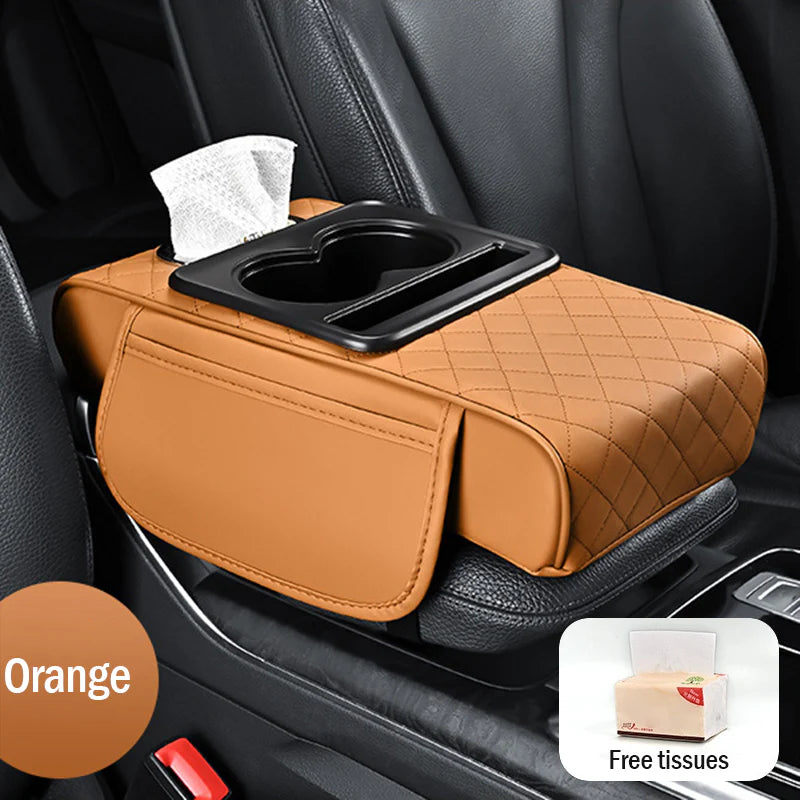 🚗Apoio de braço universal 4 em 1 em pele para automóvel ✅ Suporte para lenços embutido ✅ Suporte para copos