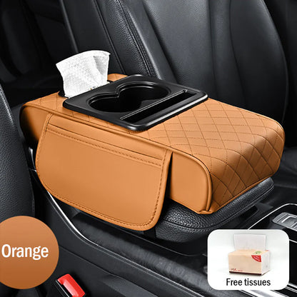 🚗Apoio de braço universal 4 em 1 em pele para automóvel ✅ Suporte para lenços embutido ✅ Suporte para copos