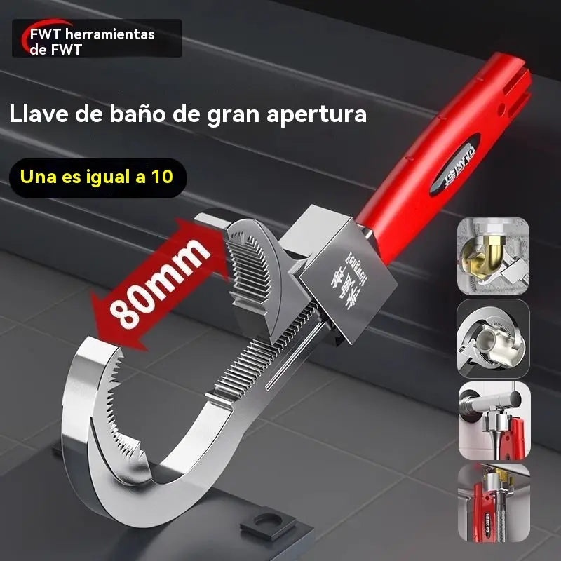 Chave multifuncional ajustável em liga de alumínio para casa de banho, chave para mangueira de torneira e chave para lavatório.