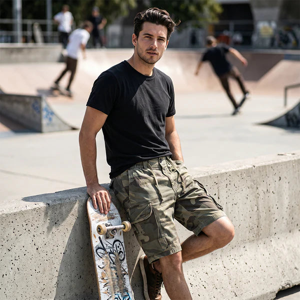🩳🔥35% DESCONTO! Bermudas cargo de homem largas, em mistura de algodão com vários bolsos